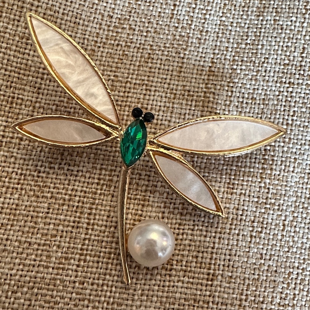 Elegant Gold and Green Dragonfly Brooch